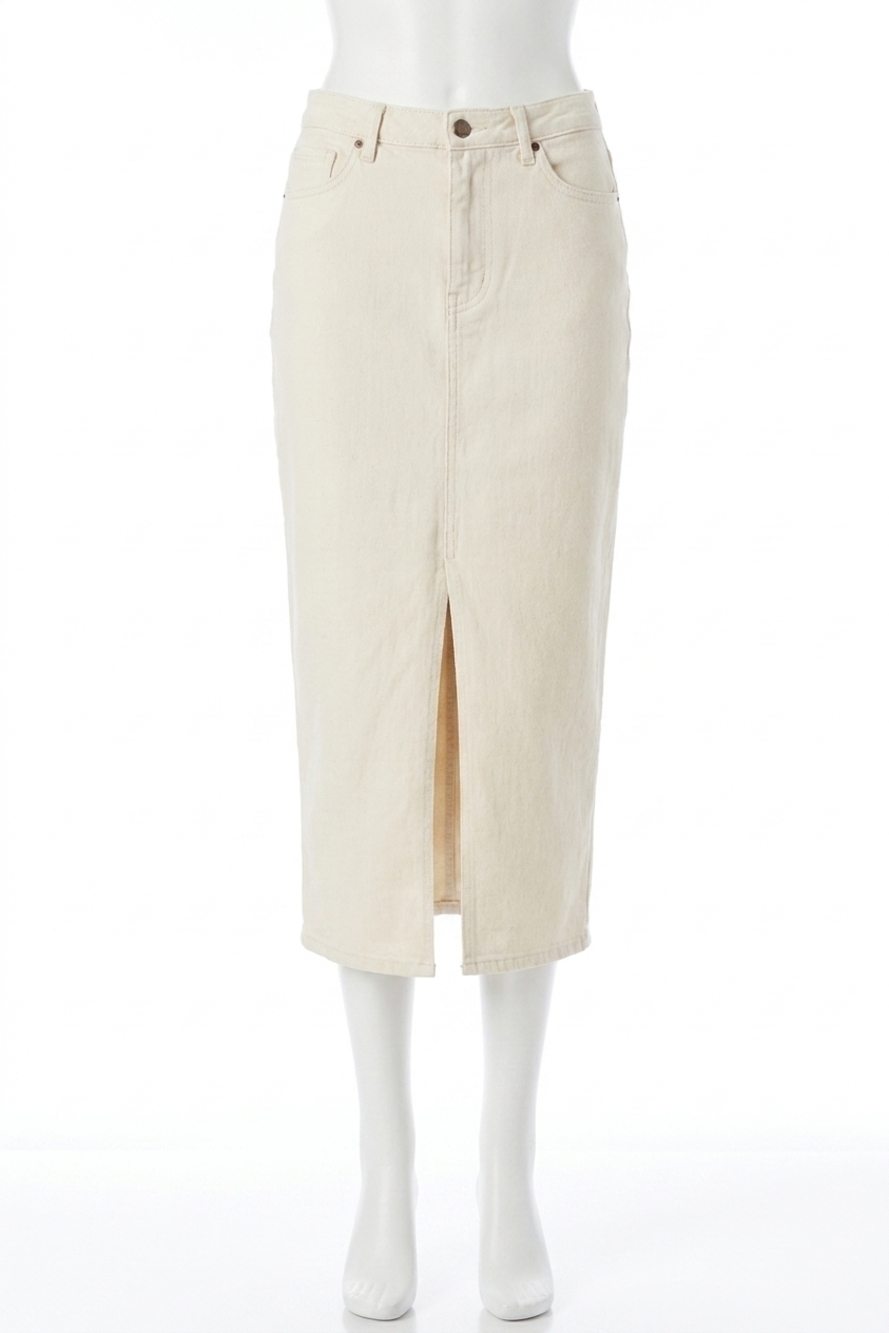 NEW APRICOT split seam denim midi skirt in cream